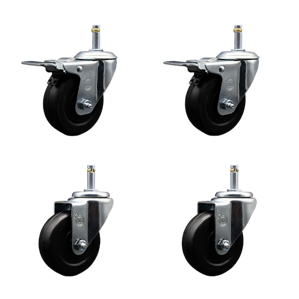 Service Caster 3.5'' Soft Rubber Wheel Swivel 7/16'' Stem Caster Set 2 Total Lock Brake, 4PK SCC-GRTTL20S3514-SRS-716138-2-S-2 - main